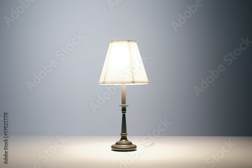 Floor lamp, front view, illuminated, light neutral background, vintage style (generative AI) 