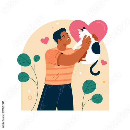 
Pet Adoption concept. Vector cartoon illustration in a trendy flat style of a young happy man holding a cat. Isolated on the background with hearts and plants