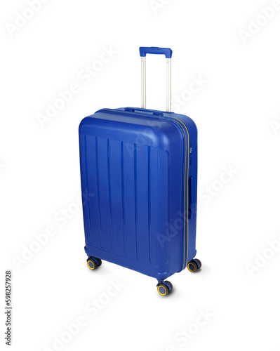 Blue Plastic Trolley Travel Case with Metal Handle isolated on white background