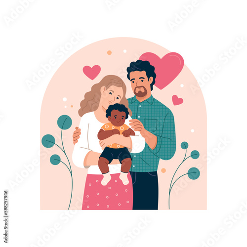Children Adoption concept. Vector cartoon flat illustration of a young married couple with a black child in their arms. Isolated on background with plants and hearts.