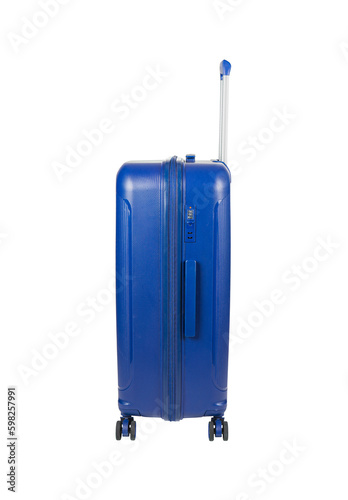 Blue Plastic Trolley Travel Case with Metal Handle isolated on white background