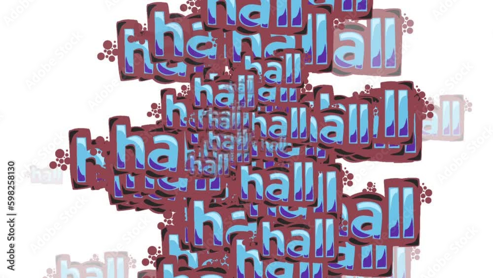 animated video scattered with the words HALL on a white background animated video scattered with the words HALL on a white background