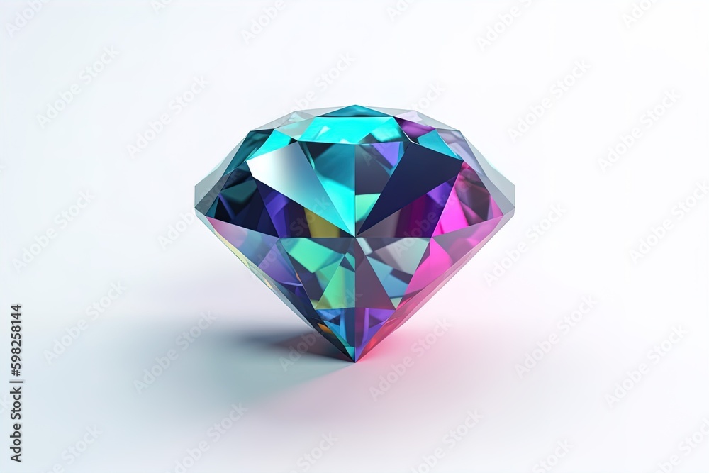 Colorful diamond 3d render with reflections on isolated background