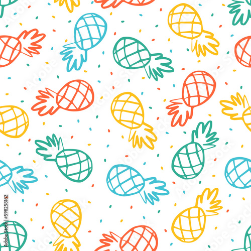 Seamless pattern with colorful outline pineapples and dots