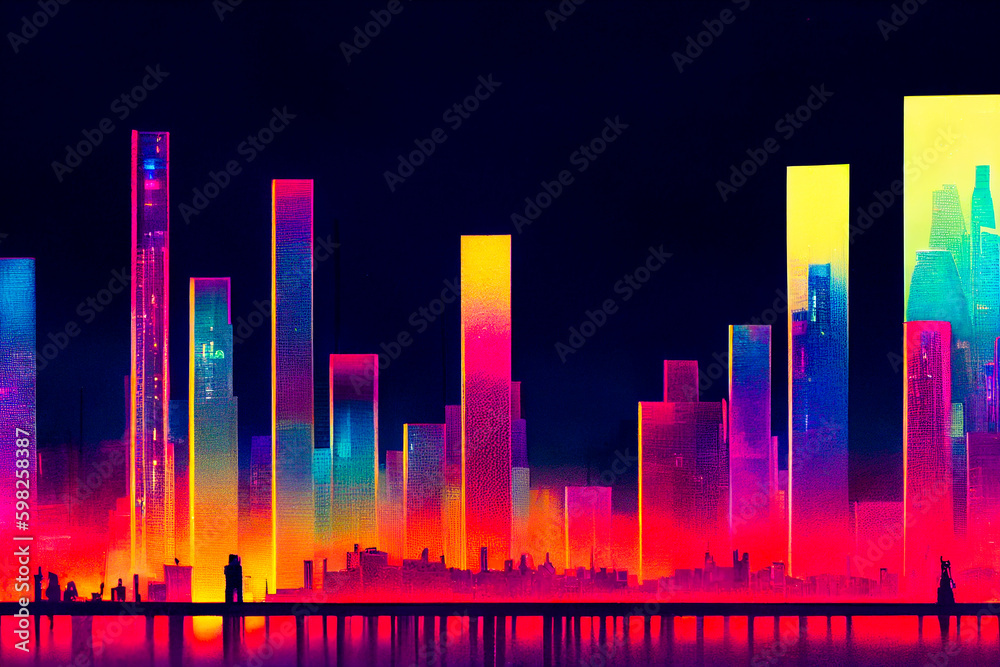 Night city background, neon lights of the metropolis, digital art, noir, colorful comic. Generative AI