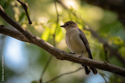A bird perched on a tree branch, looking u