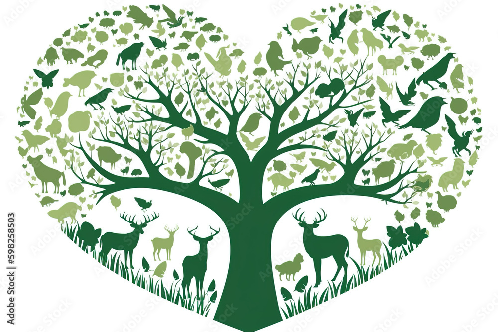 Nature symbol, green colour, 2d, tree and animals icon (generative AI)	