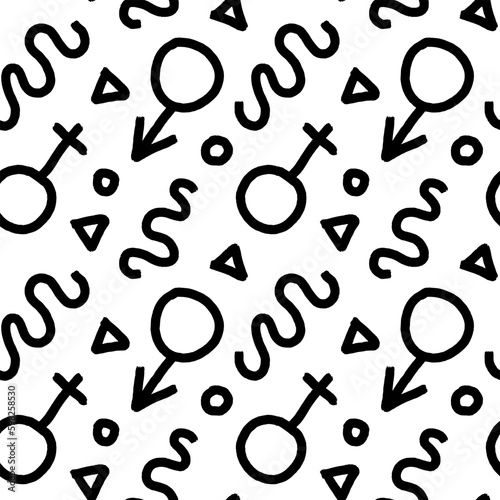Vector black and white illustration seamless pattern of squiggles, signs of men and women