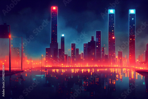 Night city background  neon lights of the metropolis  digital art  noir  colorful comic. Generative AI