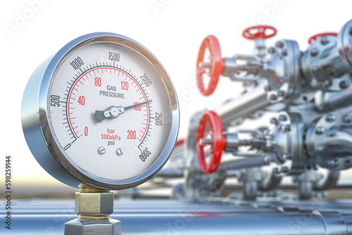 Gas pression gauge meters on gas pipeline. Gas extraction, production, delivery and supply concept. photo