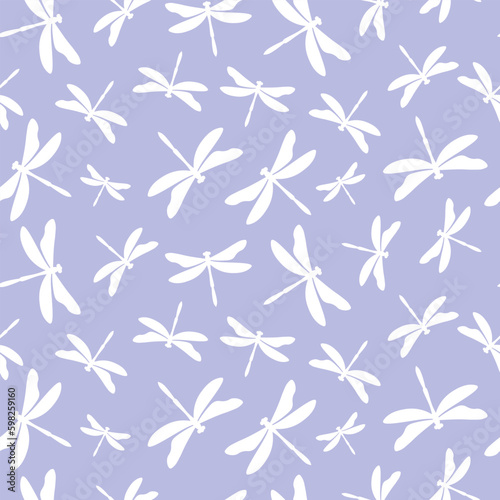 Purple seamless pattern with white dragonflies