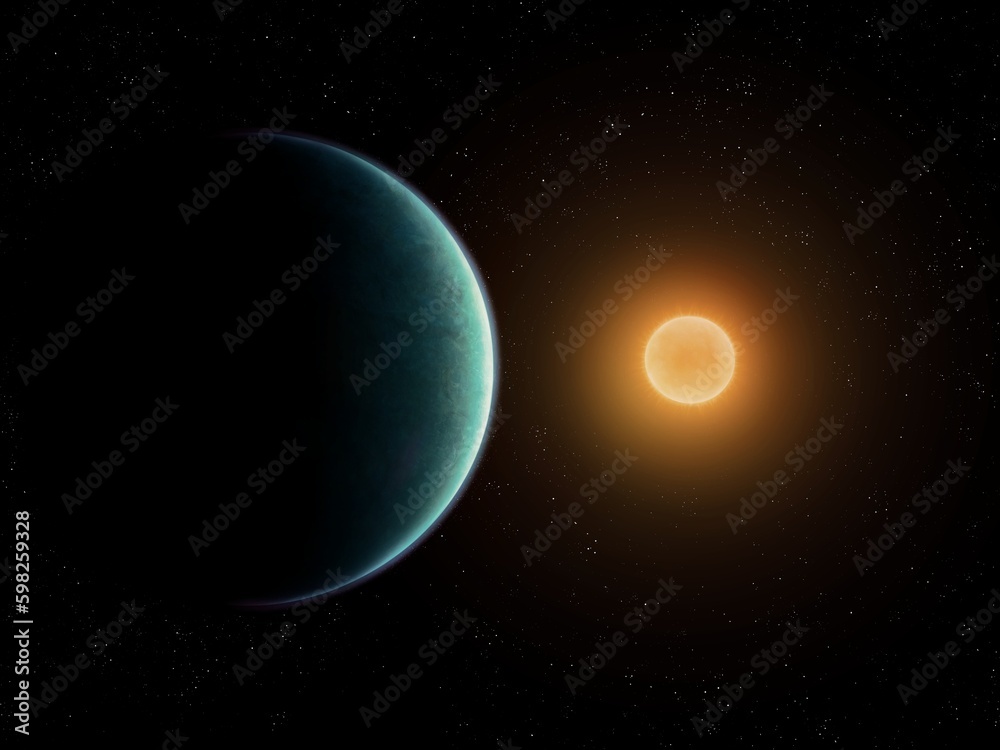 Sunrise over Earth-like planet. Exoplanet orbiting it's sun. Planet and star in deep space.