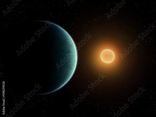 Sunrise over Earth-like planet. Exoplanet orbiting it's sun. Planet and star in deep space.