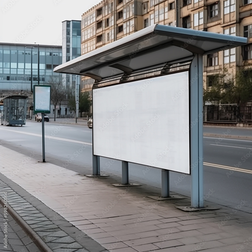 Vertical empty white billboard at a bus stop on a city street. In the background are buildings and a road. Vertical empty white billboard at a bus stop on a city street. In the background are buildings and a road.