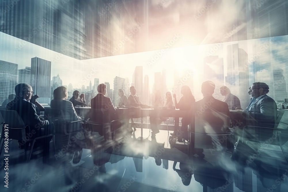 Double exposure image of many business people conference group meeting ...