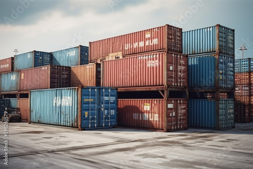 Aerial view of stacked shipping containers at a busy port with cranes and cargo ships in the background. Ai generated.