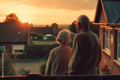 Back view of an elderly couple overlooking their property garden during sunset