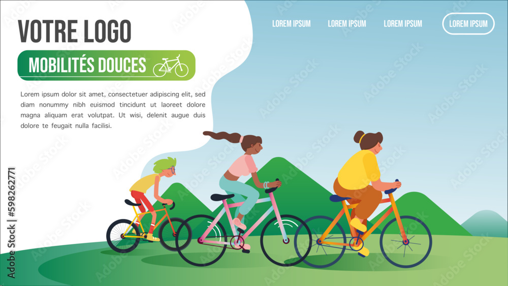 Femme et homme à bicyclette, landing page, mise en page sur la mobilité douce, site web