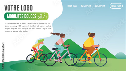 Femme et homme à bicyclette, landing page, mise en page sur la mobilité douce, site web