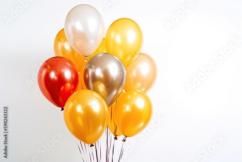 Bunch of bright and colorful balloons on white background, space for text. AI generative illustration