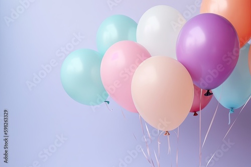 Bunch of bright and colorful balloons on color background, space for text. AI generative illustration