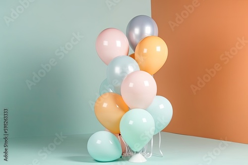 Bunch of bright and colorful balloons on color background, space for text. AI generative illustration