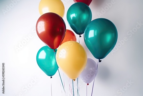 Bunch of bright and colorful balloons on white background, space for text. AI generative illustration