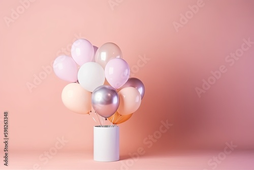 Bunch of bright and colorful balloons on color background, space for text. AI generative illustration