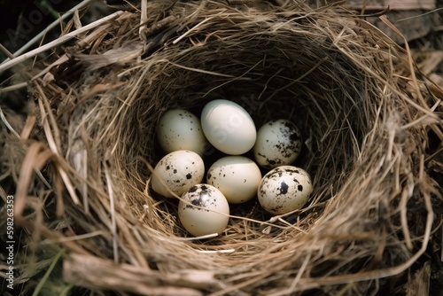 A bird's nest with eggs insid