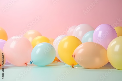 Bunch of bright and colorful balloons on color background, space for text. AI generative illustration