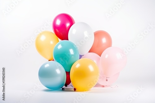 Bunch of bright and colorful balloons on white background, space for text. AI generative illustration
