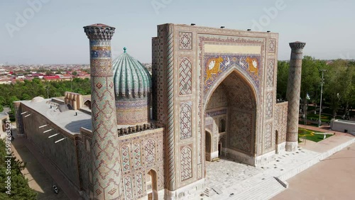Samarkand, Uzbekistan aerial view of The Registan Square. Ulugh Beg Madrasah and the Tilya-Kori Madrasah a popular tourist attraction of Central Asia.
