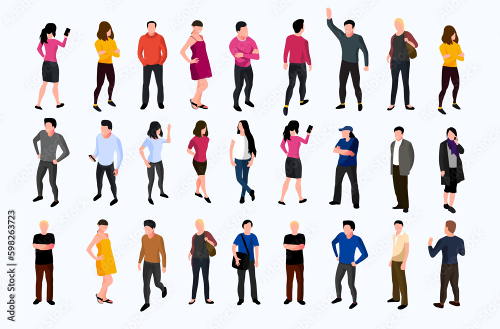 Collection of different standing people isolated on white background. Generative AI