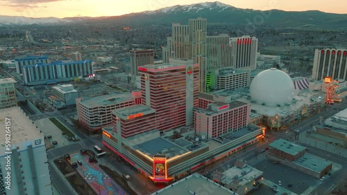 The Row of casinos in Reno Nevada at sunset