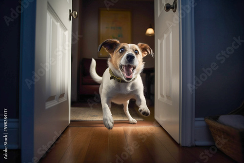 Excited and happy dog at home door entrance greeting the arrival of her master. Created with Generative AI technology.