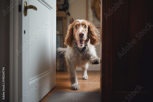 Excited and happy dog at home door entrance greeting the arrival of her master. Created with Generative AI technology.