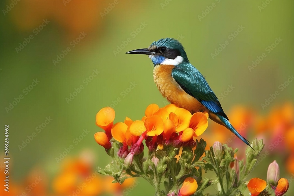 Fototapeta premium A colorful bird perched on a flowe