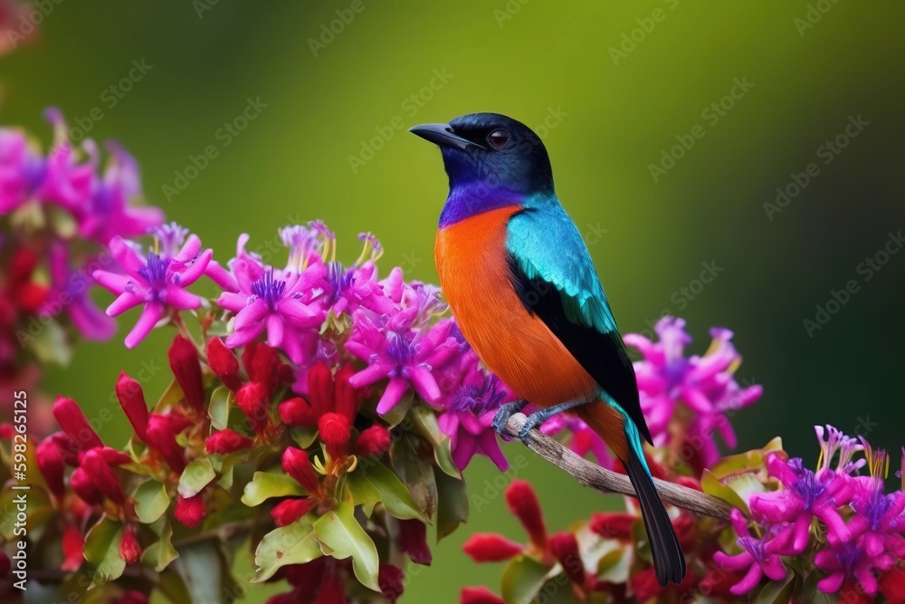 A colorful bird perched on a flowe