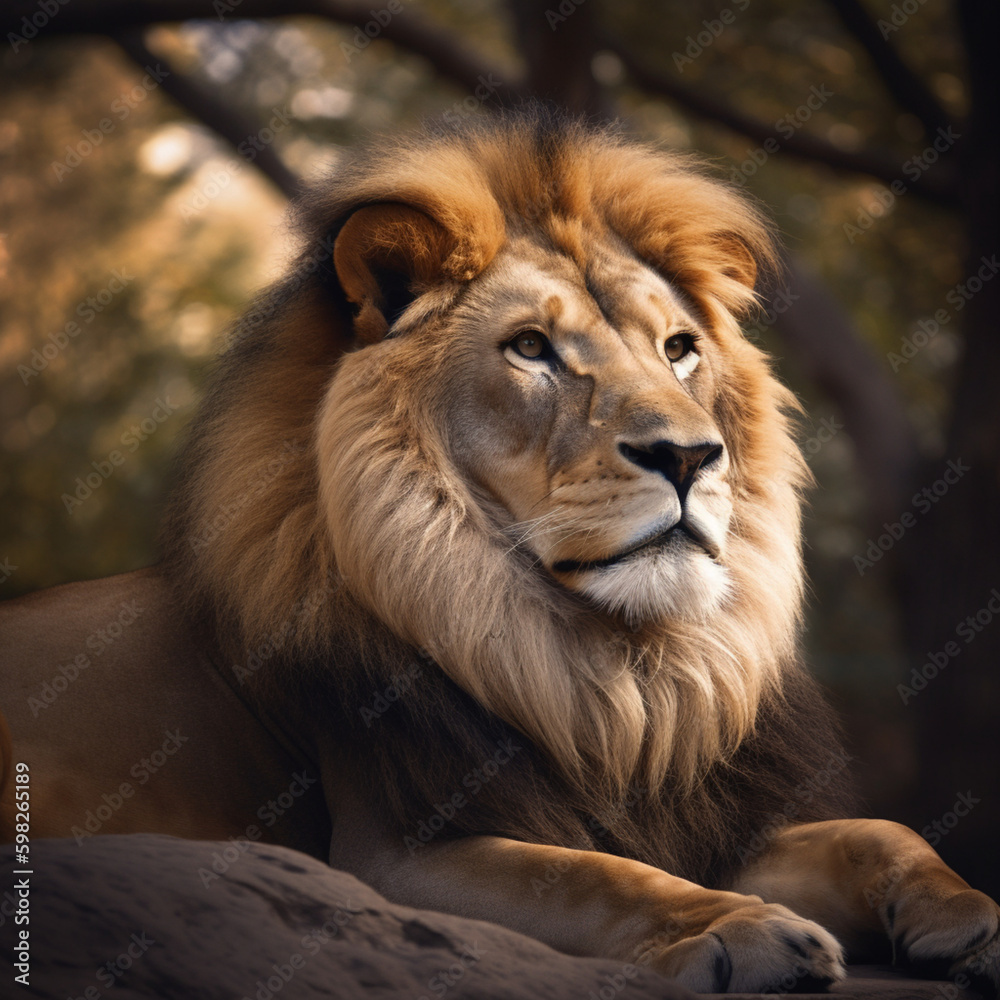 A majestic lion lounging on the rocks and lit by the setting sun