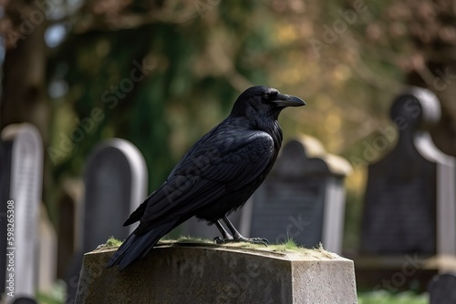 A crow perched on a gravestone in a cemeter