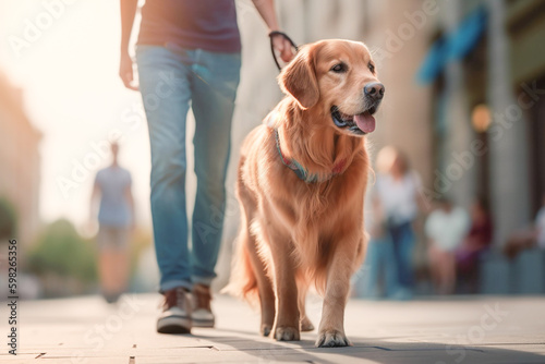 Obedient golden retriever pet dog with leash walking in busy city street with owner during summer. Created with Generative AI technology.