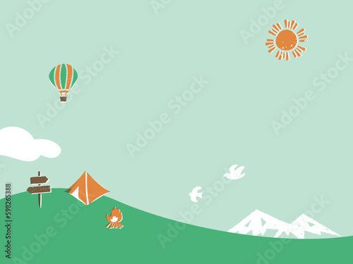 さわやかな晴天と山のキャンプイラスト。ベクター背景素材 photo
