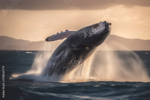 A humpback whale jumping over the sea. Ai generative © chandlervid85