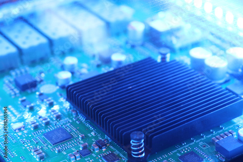 Microchip conductor on motherboard with blue light created with generative AI technology.
