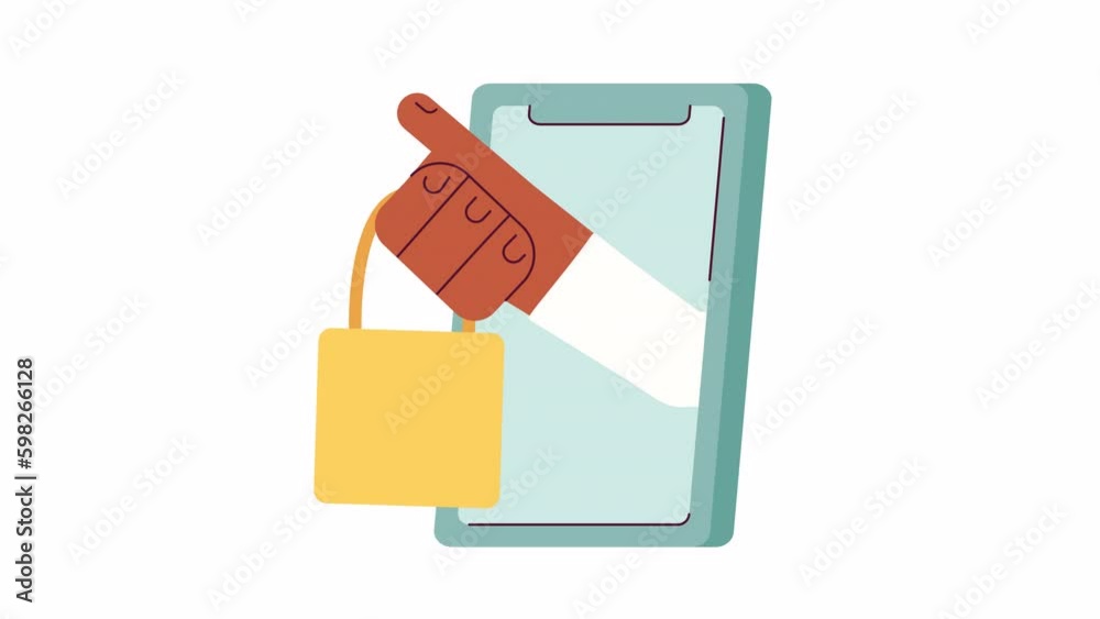 Purchase order reminder animation. Animated hand with shopping bag out smartphone 2D cartoon flat object. E commerce 4K video concept footage on white with alpha channel transparency for web design