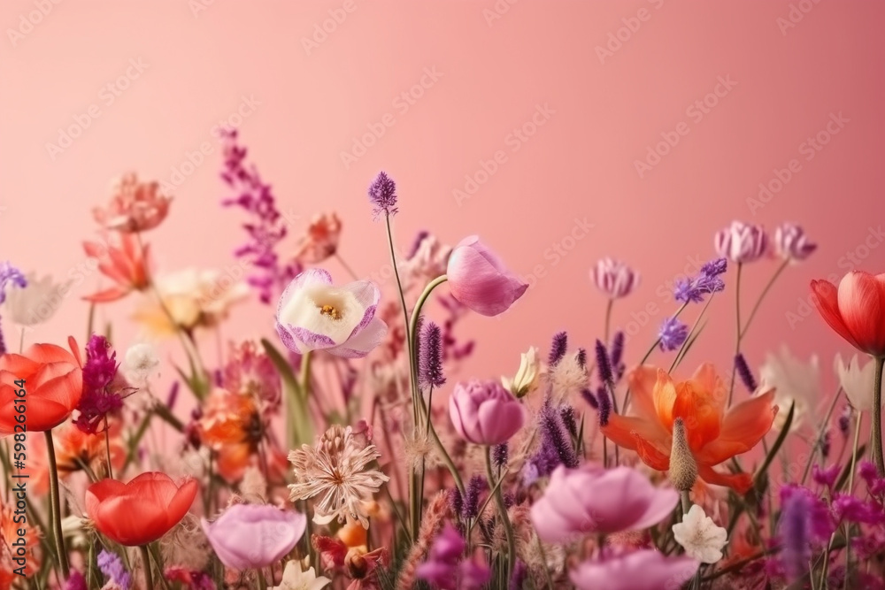A beautiful image of blooming pink flowers set against a soft pastel pink background. Ai generated.