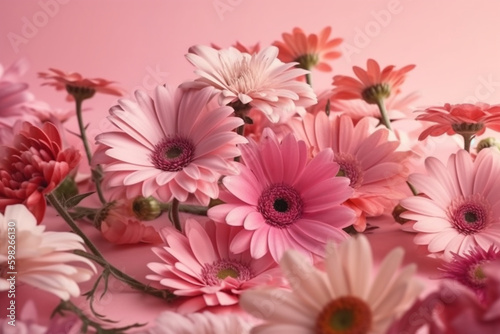 A beautiful image of blooming pink flowers set against a soft pastel pink background. Ai generated.