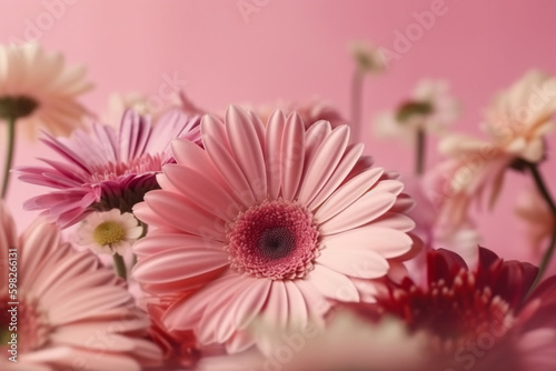 A beautiful image of blooming pink flowers set against a soft pastel pink background. Ai generated.