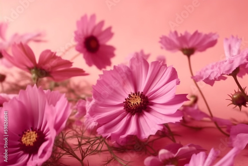 A beautiful image of blooming pink flowers set against a soft pastel pink background. Ai generated.