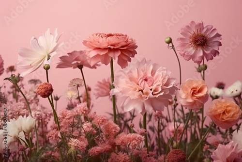 A beautiful image of blooming pink flowers set against a soft pastel pink background. Ai generated.